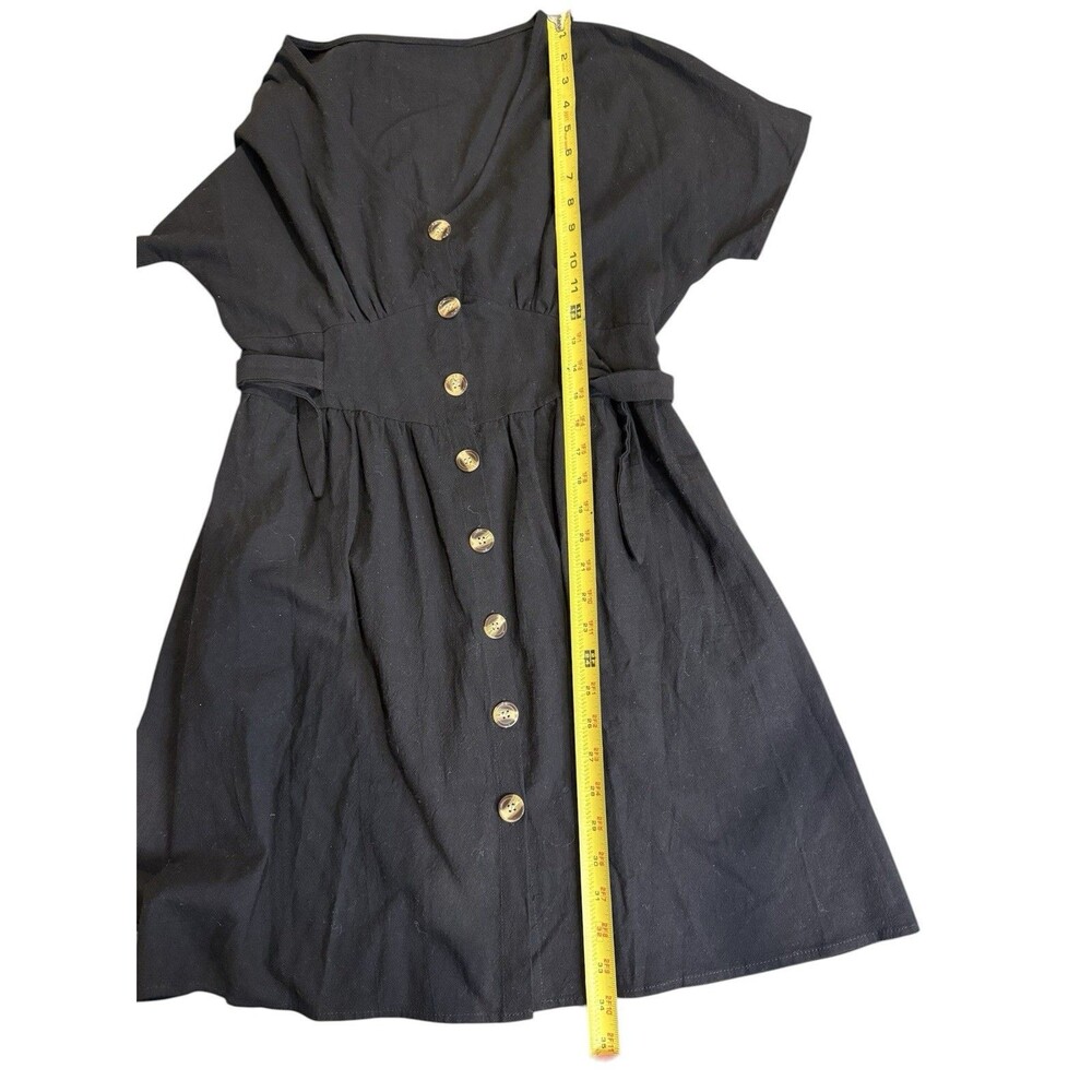 Womens Black Button Front Dress V Neck Tie Waist Short Sleeve Mini Large Classic - Picture 6 of 6